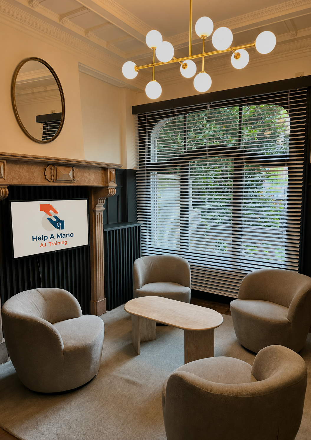 Help a Mano's Brussels training room with the brand logo on a display